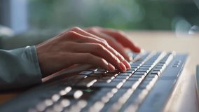 Businesswoman hands typing keyboard at sunlit office desk closeup. Unrecognizable woman freelancer making online research on desktop computer. Female manager inputting data in pc working at workplace. - Powered by Shutterstock - Get 15% off with code: PIKWIZARD15