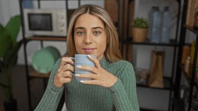 Woman holding mug in office setting with plants and shelving in the background reflecting a relaxed atmosphere indoors. - Powered by Shutterstock - Get 15% off with code: PIKWIZARD15
