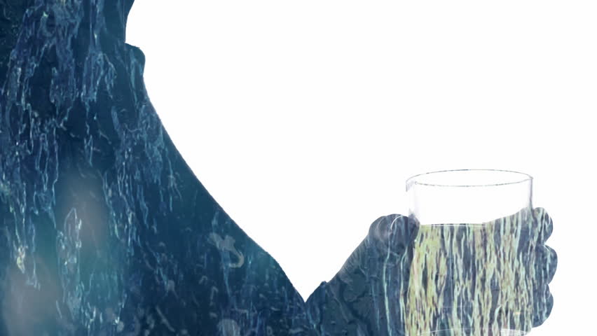 Hydration diet. Aqua refreshment. Profile double exposure silhouette of satisfied woman drinking mineral water isolated on white copy space background.