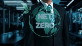 A businessman stands confidently in a suit with a digital display showcasing net zero goals, emphasizing sustainability, environmental responsibility, and innovative strategies. Qubit - Powered by Shutterstock - Get 15% off with code: PIKWIZARD15
