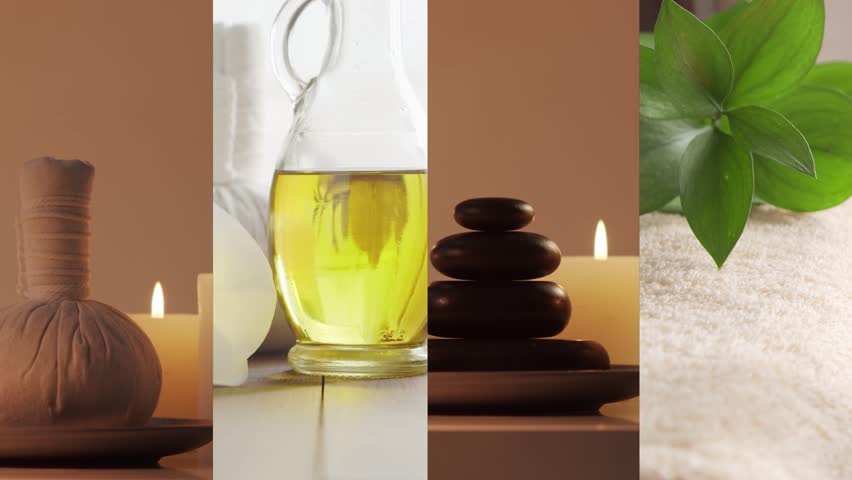 Spa background. Towel, candles, flowers and herbal balls. Massage, oriental therapy, wellbeing and meditation concept.