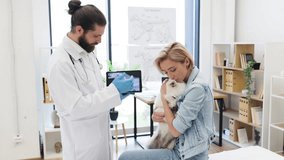 Young woman with dog consults male veterinarian in modern clinic with natural lighting. Dog appears happy, vet shows diagnostic image on tablet, atmosphere professional and caring. - Powered by Shutterstock - Get 15% off with code: PIKWIZARD15