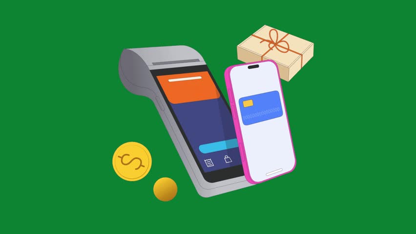 Animated mobile payment transaction with POS terminal, package, and coins on green screen. Perfect for e-commerce, fintech, or business videos.