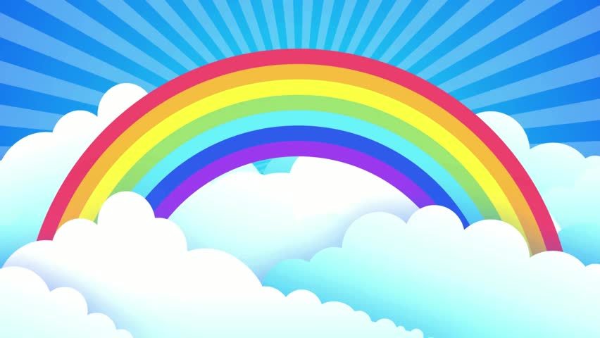 A vibrant animated rainbow arching over fluffy white clouds in a bright blue sky. This fantasy-themed background is perfect for children’s content, fairy tales, dream sequences, and happy-