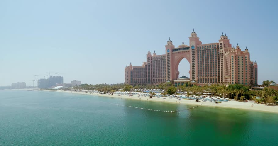 Dubai, palm Jumeirah panorama of magnificent Atlantis hotel beachfront resort with iconic architecture in Dubai, United Arab Emirates