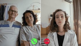 An elderly couple participates in a virtual consultation with a healthcare provider through an online call. They appear engaged and attentive as they discuss important matters. - Powered by Shutterstock - Get 15% off with code: PIKWIZARD15