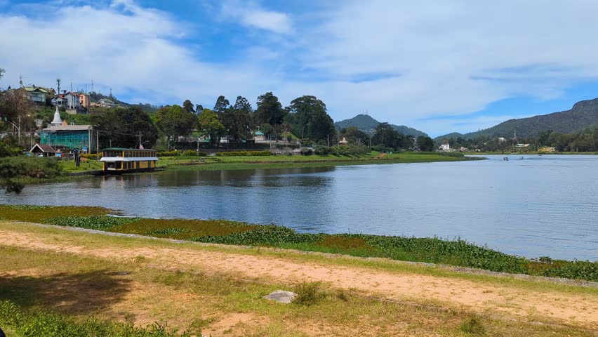 View of Lake Gregory reservoir in mountainous highlands of tea country at Nuwara Eliya, Sri Lanka