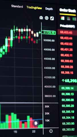 Vertical video: Bitcoin price evolution in trading. Cryptocurrency exchange chart with BTC graph, on screen price fluctuations and financial background of Bitcoin price change with chart candles.