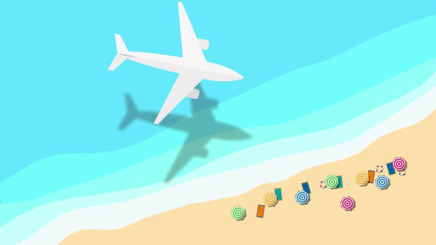 Minimalist illustration of a white airplane flying over and landing a tropical beach with colorful umbrellas and turquoise water. Animated video with in seamless looping