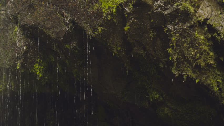 Close-up shot of water falling down rocks in the jungle, Ecuador.