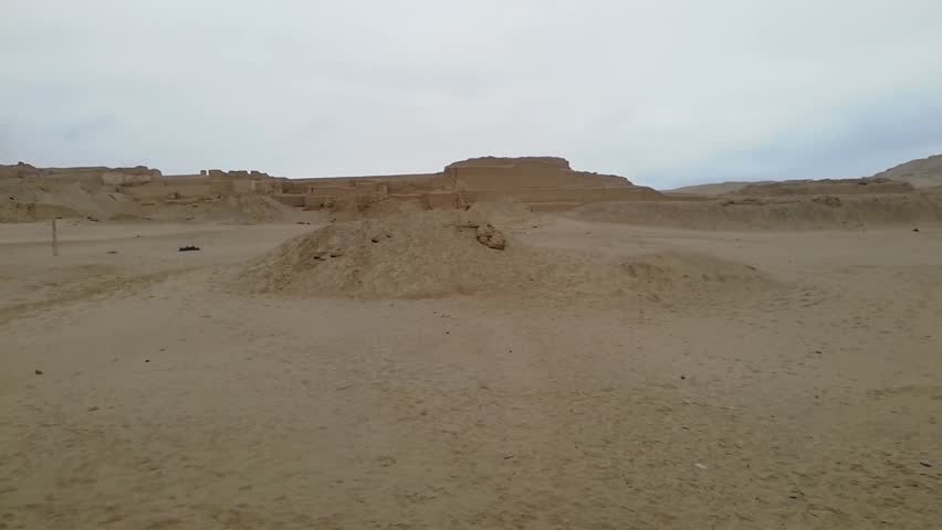 Peruvian stone palaces and pyramid-shaped temples at the Pachacamac archaeological complex in Lima