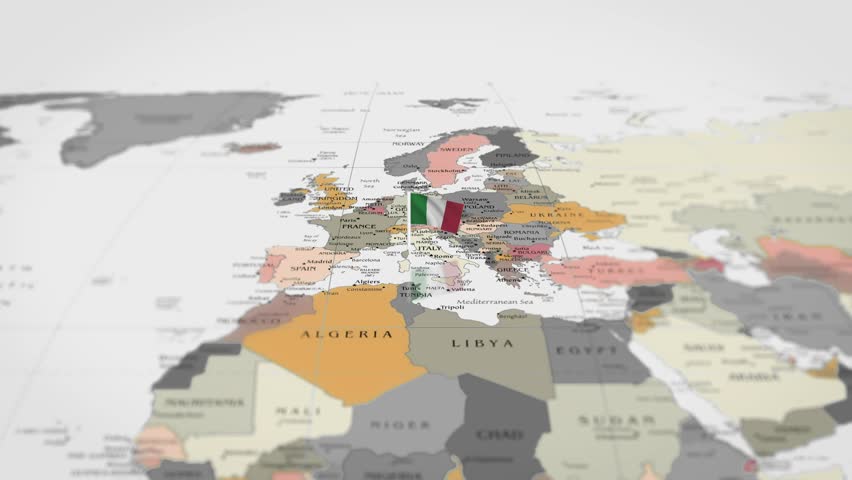 The camera rotating around Italy on the world map takes the focus. Italy flag waving on the map 4K Animation.