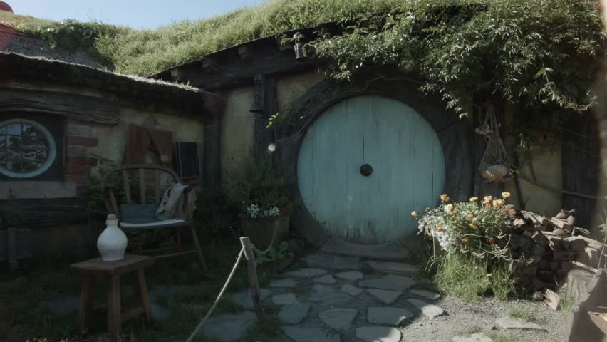 A rustic hobbit house with a blue round door, wooden chair, stacked firewood, flowers, and hanging plants, captured in soft daylight in Hobbiton, New Zealand.