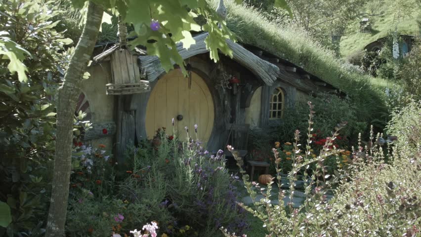 A charming hobbit house with a yellow round door, surrounded by lush greenery, flowers, and a birdhouse, captured in bright daylight in Hobbiton, New Zealand.
