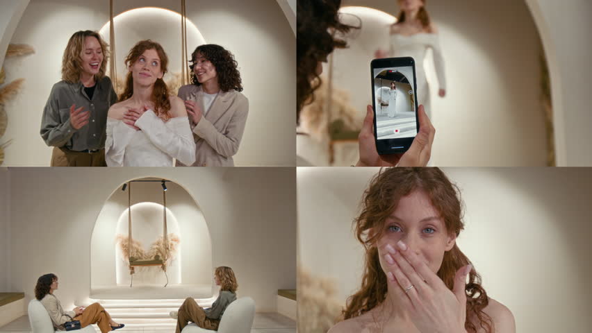 Split screen of happy young woman shopping for wedding dress with two best friends, posing on podium in boutique, showing engagement ring