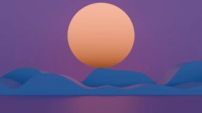 Minimal abstract scene with a large orange sun and rolling blue waves against a purple sky, creating a dreamy, surreal landscape with soft curves and serene tones. - Powered by Shutterstock - Get 15% off with code: PIKWIZARD15