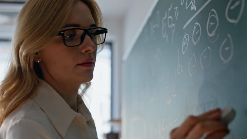 Closeup hand writing with chalk on blackboard at class lesson. Young woman in glasses teaching mathematics in school classroom. Focused female teacher solving math formulas at chalkboard college.