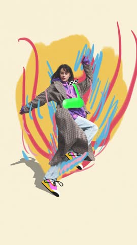 Energy of fashion. Young woman in oversized checkered coat with vibrant streetwear, mid-motion, surrounded by abstract splashes. Stop motion, animation. Concept of modern fashion, street style, youth