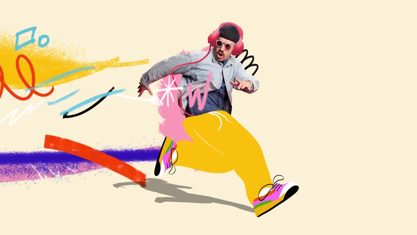 Urban pulse. Man in bold casual outfit rushes through abstract chaos, neon details reflecting creative energy. Stop motion, animation. Concept of modern fashion, street style, youth