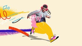 Urban pulse. Man in bold casual outfit rushes through abstract chaos, neon details reflecting creative energy. Stop motion, animation. Concept of modern fashion, street style, youth - Powered by Shutterstock - Get 15% off with code: PIKWIZARD15