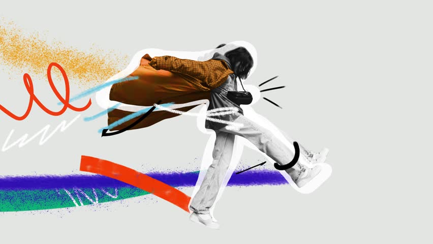 Momentum of fashion. Young woman steps forward, wind catching coat, splashes of color amplifying movement. Stop motion, animation. Concept of modern fashion, street style, youth
