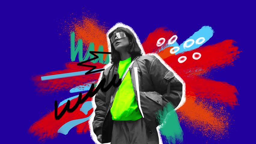 Futuristic vision. Young woman in oversized bomber, neon shirt, futuristic sunglasses, surrounded by explosive urban colors. Stop motion, animation. Concept of modern fashion, street style, youth