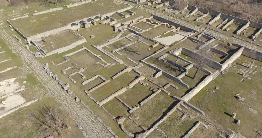 Aerial view of the ruins of an ancient Roman city in the archaeological area of ​​Alba Fucens, in the municipality of Massa d