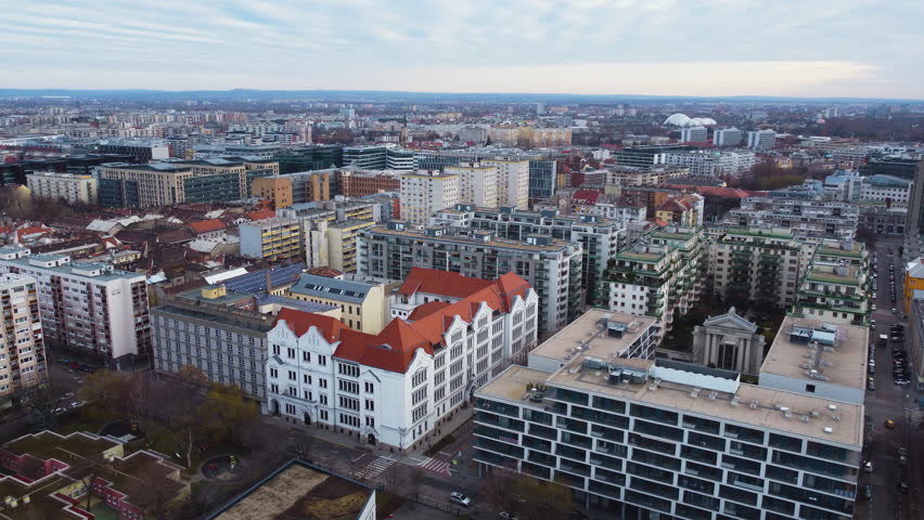Panoramic wide aerial of Budapest, Hungary, a mix of historic and contemporary architecture