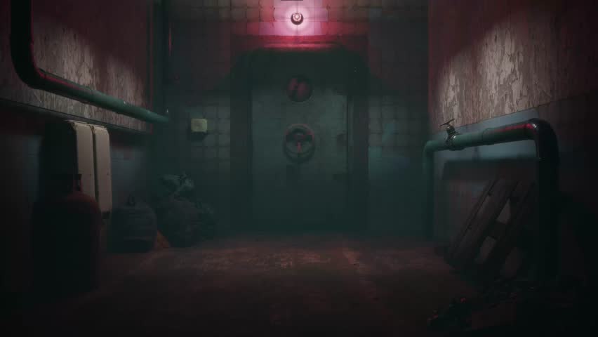 CGI render of heavy metal door opening in scary abandoned bunker corridor. Dark atmosphere. Volumetric light. Abandoned lab. Haunted place.