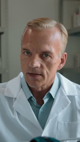 The pharmacist talks about the medicine. Focused on pills. Portrait of a caucasian man in a white coat inside of pharmacy. A clear explanation of the properties of a quality medicine. Vertical shot.
