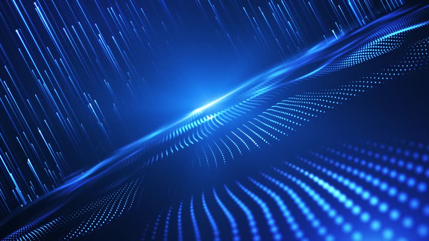 Digital waves of particles emit light and stream of data points, big data visualization, futuristic or technological abstract background with moving dotted dotted surface. Animation of seamless loop.	