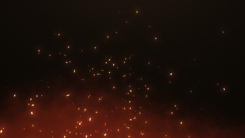 Flying sparks and coals from a fire. abstract glowing particles of burning fire and smoke on a black background, bonfire flares	
