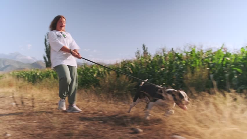 A girl walks across a sun scorched cornfield, firmly holding the leash as the pit bull pulls ahead, sniffing a trail. Sparse bushes dot the dry vegetation, with mountains stretching in the distance.