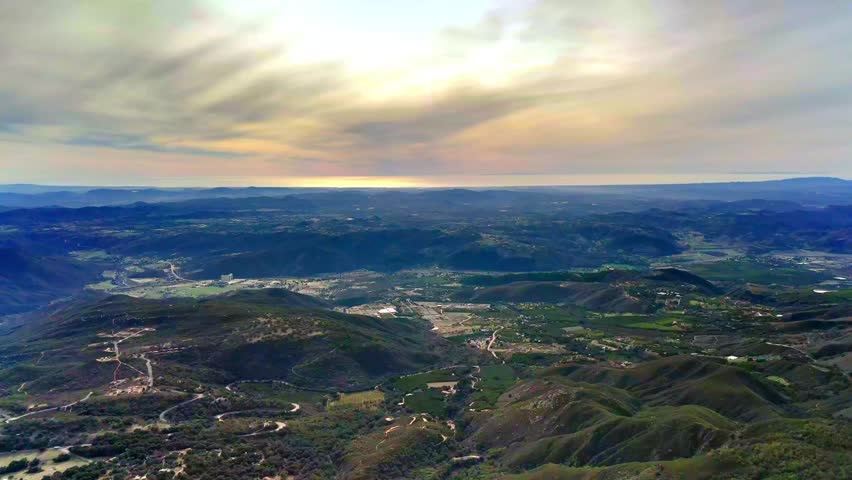 Stunning Landscape Of Palomar Mountain Under The Dramatic Sky In San Diego, California, USA. Aerial, Wide Shot