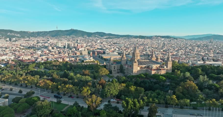 Barcelona Aerial View of National Museum of Art of Catalonia Historic Architecture in Scenic Cityscape of Spain. High quality 4k footage