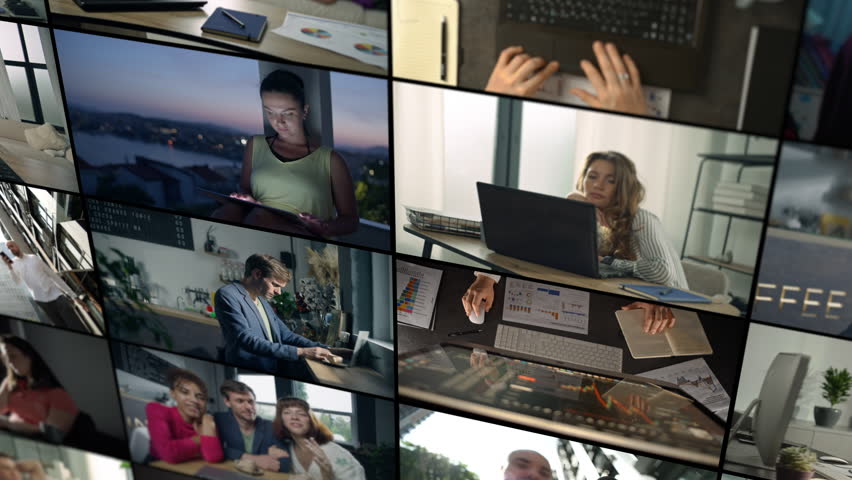 Video collage of different people working remotely. Work at a computer at home, via the Internet, business and finance video calls. High quality 4k footage