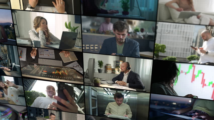 Video collage of different people working remotely. Work at a computer at home, via the Internet, business and finance video calls. High quality 4k footage