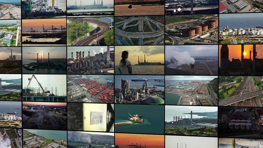 Video collage of industrial landscapes: factories, power plants, and business logistics with trucks delivering goods to ports, showcasing production and transport. High quality 4k footage