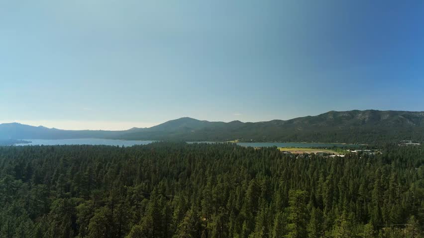 San Bernardino National Forest On Shore Of Big Bear Lake In San Bernardino County, California. wide aerial shot