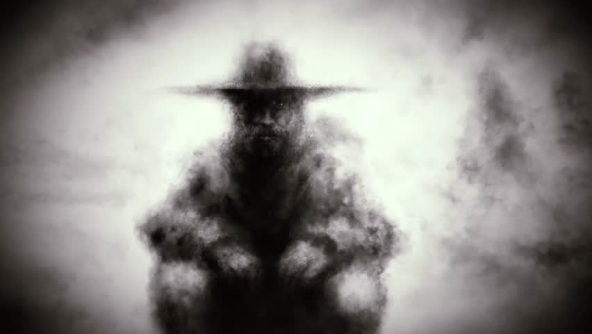 Gloomy people in the fog. 2D animation in horror fantasy genre.  Dark place with fog and strange people. Cinematic background effect.