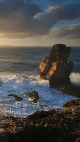 Ocean cliff rock by the sea at sunset in Cabo Carvoeiro, Peniche, Portugal