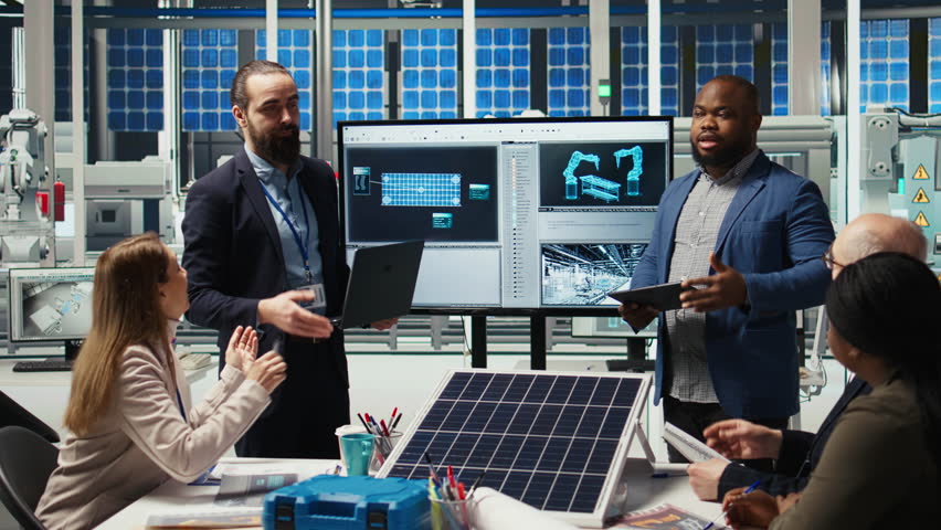 Factory executives present sustainable manufacturing solutions to investors. Industrial plant executives pitching innovative solar panel production automation technologies to shareholders, camera A