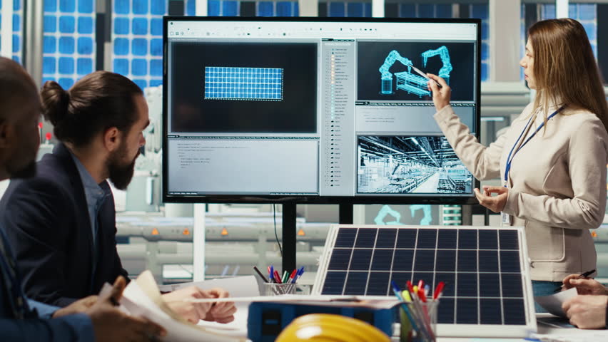 Investors meeting with photovoltaics factory manager to review solar cell designs in office. Solar panels manufacturing plant businessmen analyzing technical specifications