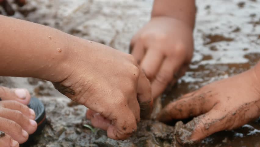 Mud covered hands of a child.  Children playing in mud