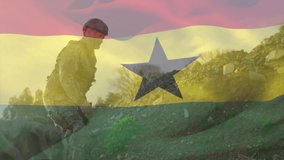 Over Ghana flag, soldiers demonstrating national defense and unity through animation. Military, patriotism, national security, teamwork - Powered by Shutterstock - Get 15% off with code: PIKWIZARD15