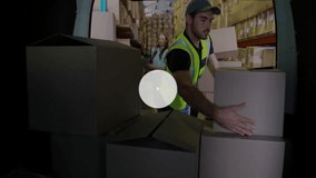 Organizing boxes in warehouse, worker with network connections animation overlay. Logistics, transportation, efficiency, connectivity, technology, supply chain - Powered by Shutterstock - Get 15% off with code: PIKWIZARD15