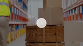 Checking boxes in warehouse, worker surrounded by digital music animation icons. Technology, logistics, distribution, multimedia, augmented reality, futuristic - Powered by Shutterstock - Get 15% off with code: PIKWIZARD15