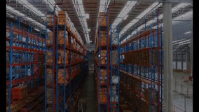 Network of connections and data processing animation over warehouse interior. Technology, connectivity, data analysis, logistics, digital, communication - Powered by Shutterstock - Get 15% off with code: PIKWIZARD15