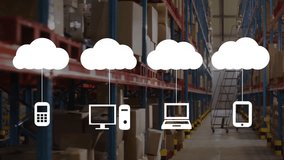 Warehouse shelves with boxes and equipment under cloud computing icons animation. Storage, logistics, supply chain, inventory, digital, technology - Powered by Shutterstock - Get 15% off with code: PIKWIZARD15