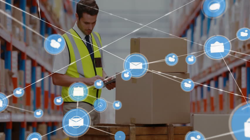 Checking boxes, warehouse worker using digital animation overlay for inventory. logistics, technology, automation, efficiency, supply chain, management - Powered by Shutterstock - Get 15% off with code: PIKWIZARD15